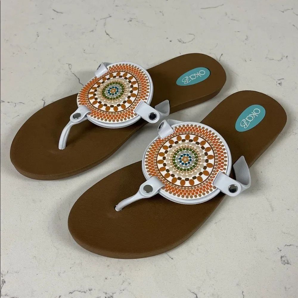 Oka-B Thong Sandals - Solara Size 7 Toffee/Beige Mandala - Bohemian Thong